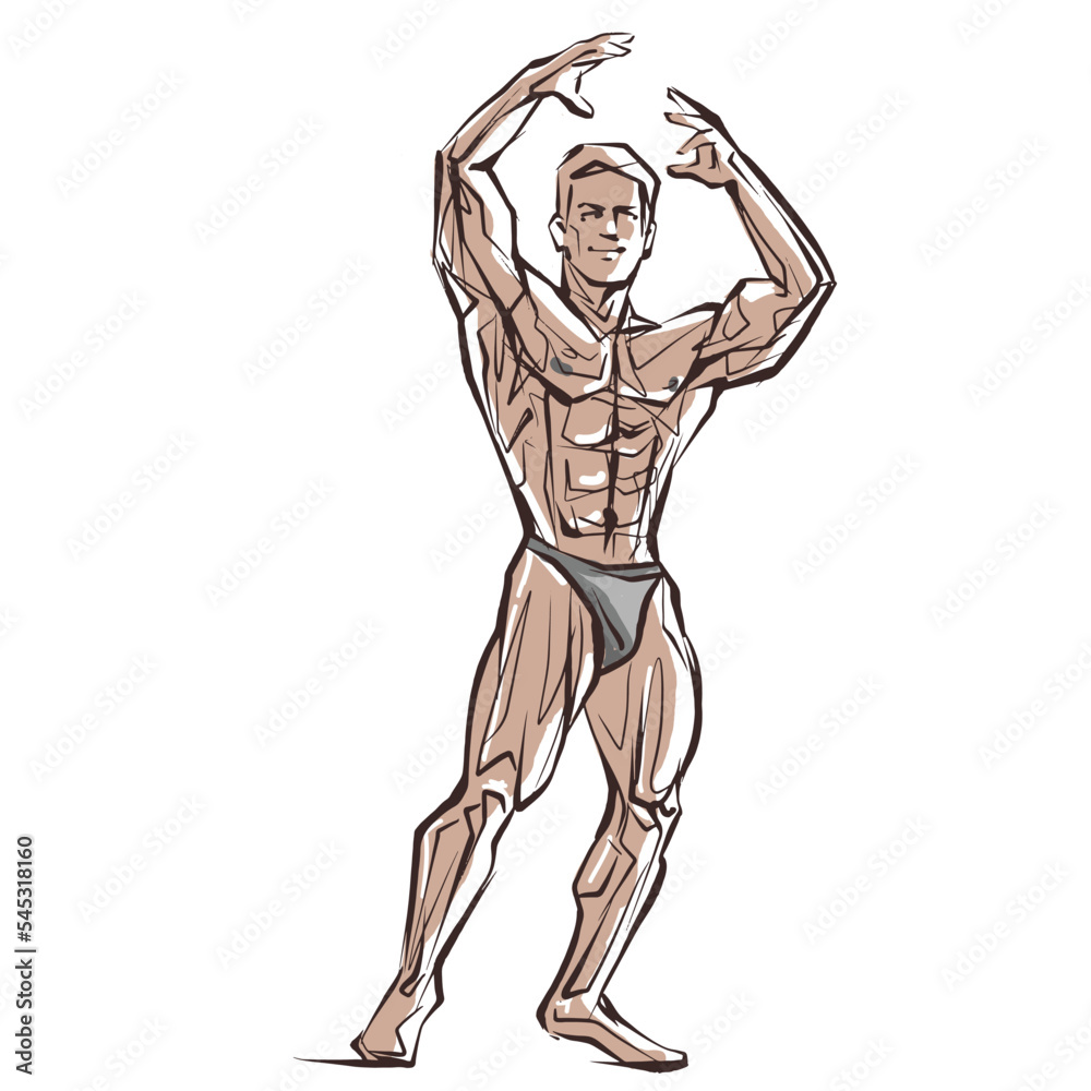 Fitness men posing. Muscular man stands, rippling athlete, sprinter. Vector drawing Fitness men posing. Muscular man stands, rippling athlete, sprinter. Vector drawing
