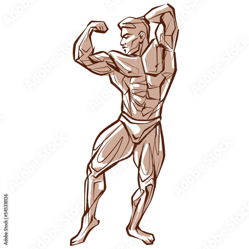 Fitness men posing. Muscular man stands, rippling athlete, sprinter. Vector drawing