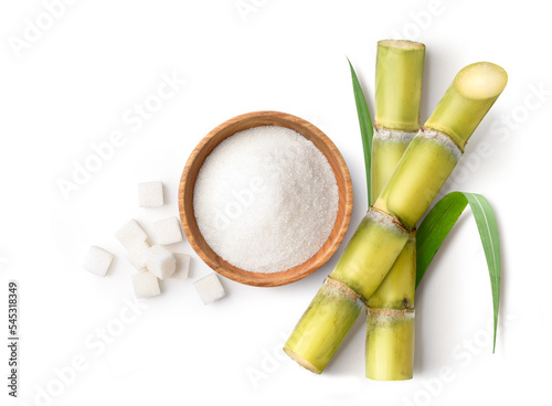 Billede på lærred Flat lay of White sugar with fresh sugar cane isolate on white background