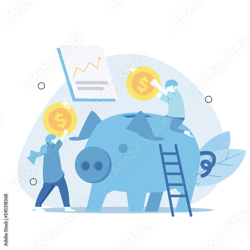 Family saving together. Two people who raise money together. The concept of saving, delaying desires, and setting priorities. flat cartoon vector illustration
