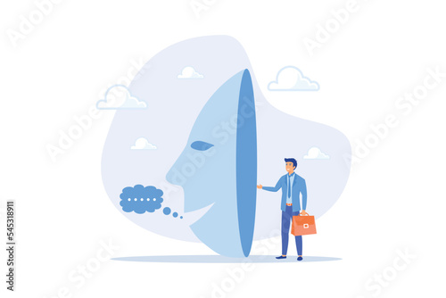 Dishonesty, lies or scam, fraud or fake hiding behind disguise mask, business cheating or suspicion false or fake news concept, flat vector modern illustration