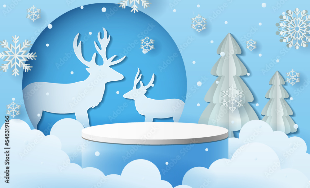 Christmas Winter landscape with product podium scene, reindeer and pine trees. winter holiday pedestal ice snow 3d rendering vector background with podium. Vector illustration