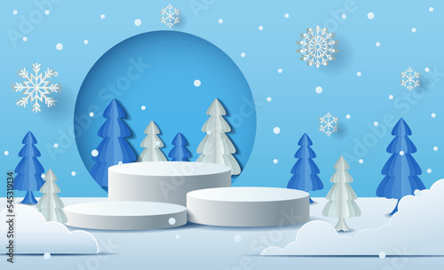Christmas Winter landscape with product podium scene. winter holiday pedestal ice snow 3d rendering vector background with podium. Vector illustration