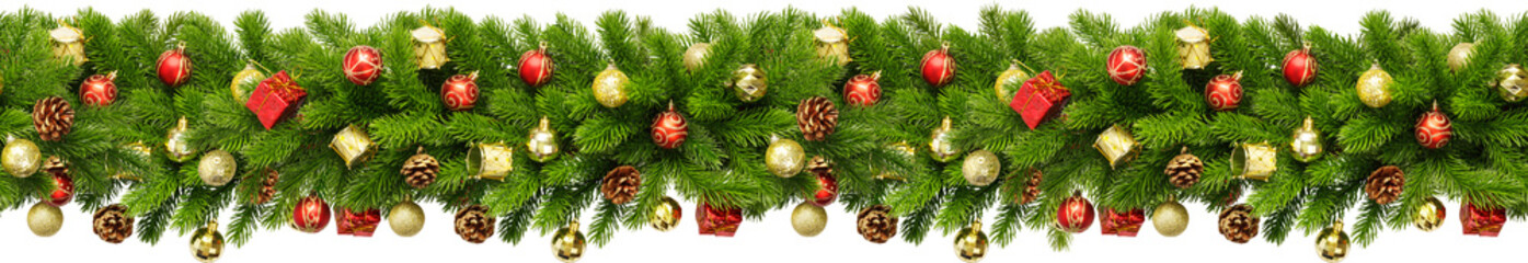 Christmas Border frame of tree branches on white background with copy space isolated. Seamless pattern with Christmas garland