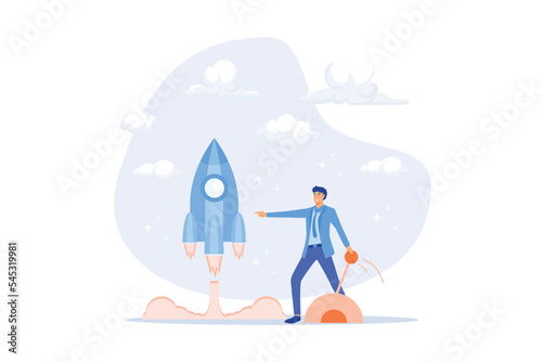 Start your own business, launch success rocket or entrepreneur, startup project or boost company growth, invention concept, flat vector modern illustration