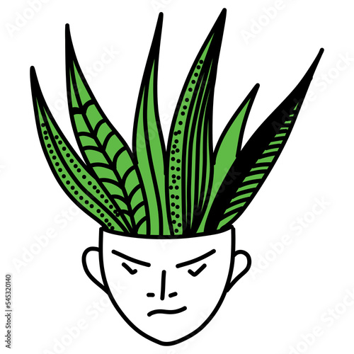 vector illustration in the doodle style, a flower pot in the shape of a human head with a plant.