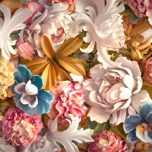 Elegant floral background in Renaissance style. Retro flower art design. 3D digital illustration.