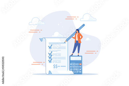 Project cost estimation, calculate budget or resources to finish work, financial plan, invoice or tax, expense or loan concept, flat vector modern illustration photo