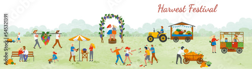 Harvest festival, man and woman outdoors celebration of holidays. Street with arcs and vineyard, females dancing on grapes market and agriculture. Funny spending time on harvest festival. Flat cartoon