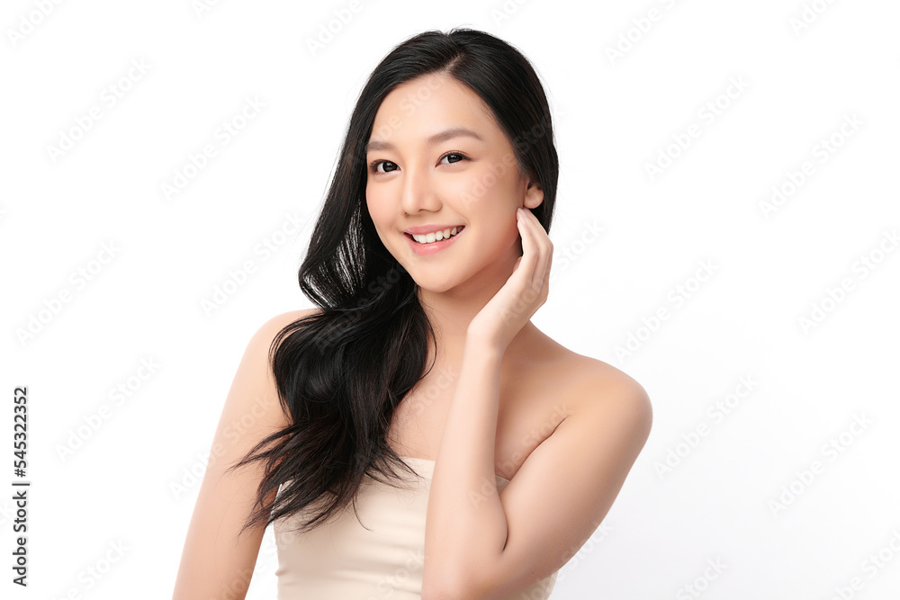 Beautiful young asian woman with clean fresh skin on white background, Face care, Facial treatment, Cosmetology, beauty and spa, Asian women portrait.