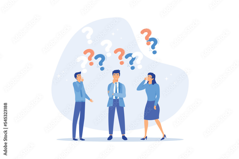 Confused people with confusion problem or doubt, lost in trouble or complexity, complicated questions or misunderstanding concept, flat vector modern illustration Confused people with confusion problem or doubt, lost in trouble or complexity, complicated questions or misunderstanding concept, flat vector modern illustration