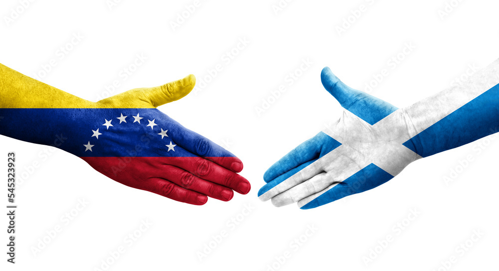 Handshake between Scotland and Venezuela flags painted on hands, isolated transparent image.