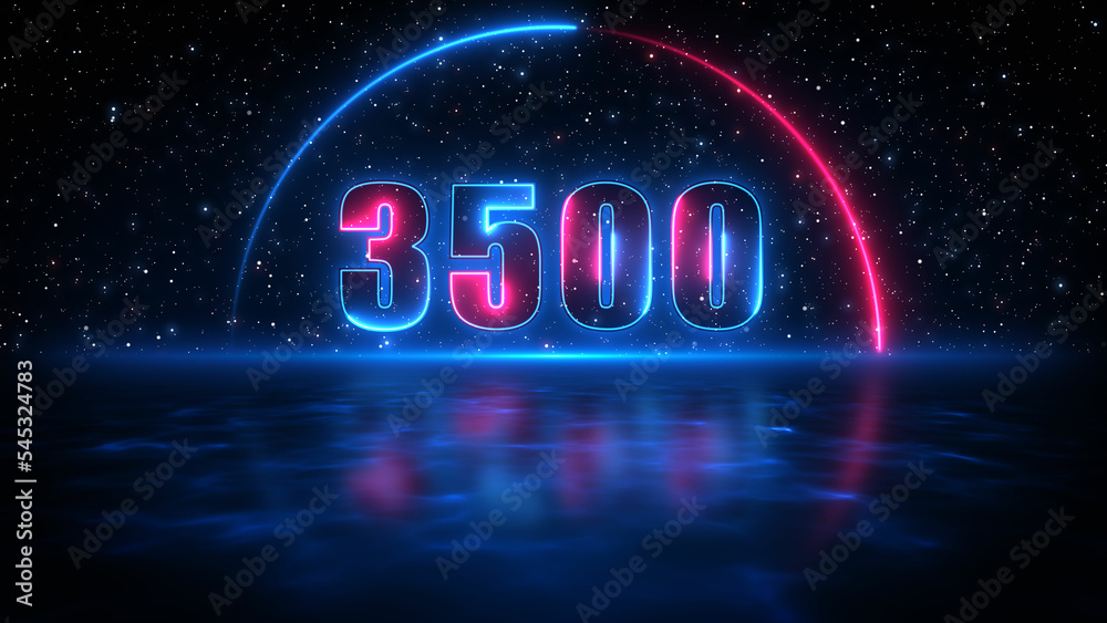 Futuristic Blue Red Shine Number 3500 In Half Circle Lines Neon Sign With Light Reflection On Blue Water Surface Starry Night Sky