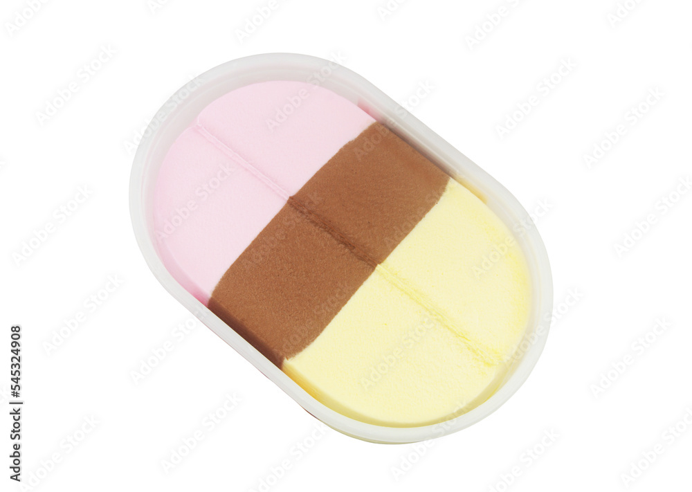 Vanilla, chocolate and strawberry ice-cream in one container isolated on white background. Neapolitan ice cream. Vanilla, chocolate and strawberry ice-cream in one container isolated on white background. Neapolitan ice cream.