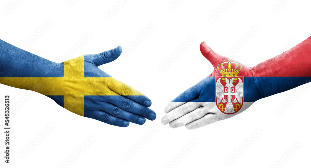 Handshake between Serbia and Sweden flags painted on hands, isolated transparent image.