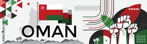 Oman Flag and map with raised fists. National or Independence day design for Omani flag. Modern retro red green star Arab Islamic traditional abstract icons. Vector illustration.