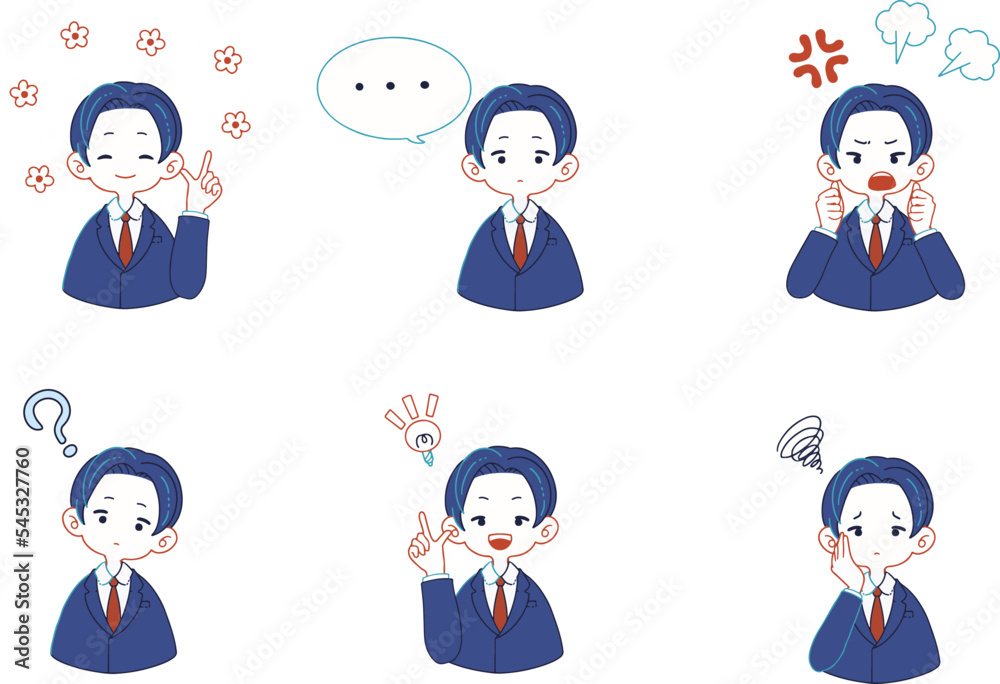 スーツを着た人物の様々な表情のイラストセット