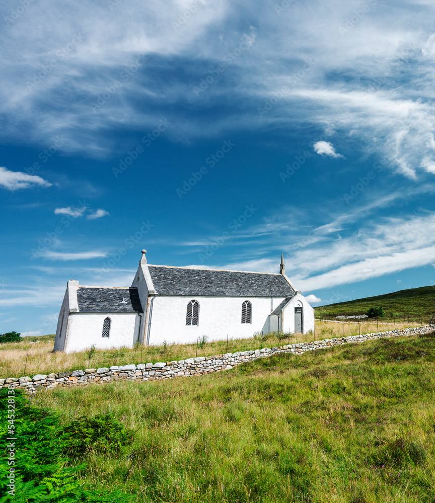 Fototapeta premium Eriboll Church,historic secluded landmark,surrounded by stone wall,Lairg,Sutherland,Northern Scotland,UK.