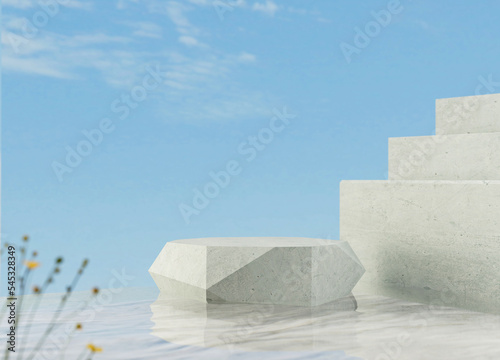 Display of concrete stones placed on water to show products with a blurry sky in the background.
