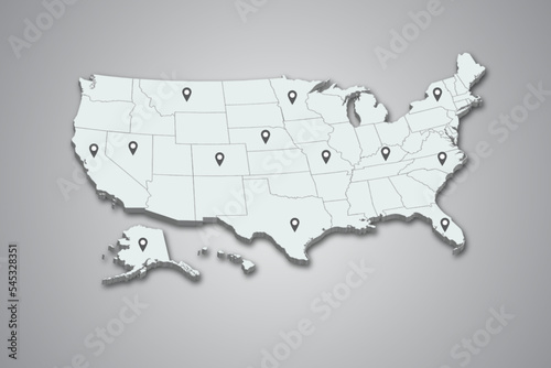 United State map 3D with map pin illustration on isolated background