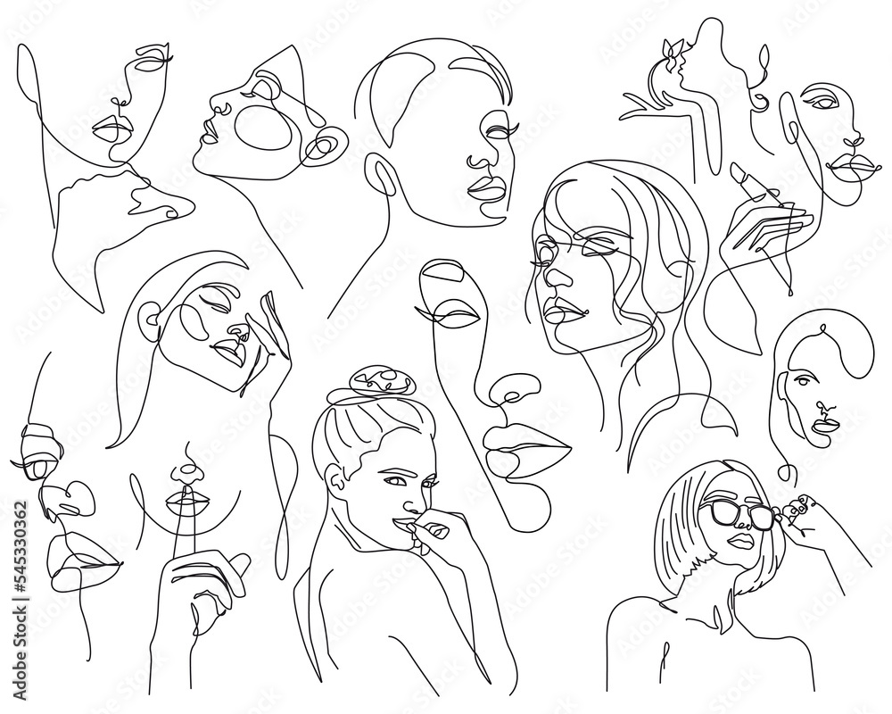 Woman Abstract Face Modern Line Art Drawing Set. Female Faces Modern