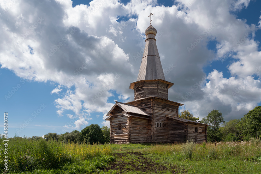 View of the Church of the Assumption in the Novgorod Museum of Folk Wooden Architecture of Vitoslavlitsa on a sunny summer day, Veliky Novgorod, Russia