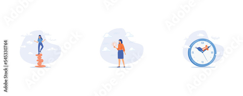 Balance or meditation, Businesswoman thinking about idea, lazy to work, set flat vector modern illustration
