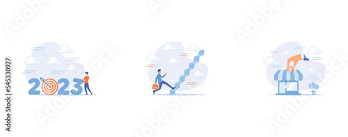 Year 2023 business target, stair way to succeed and reach business target, Funding small business, set flat vector modern illustration