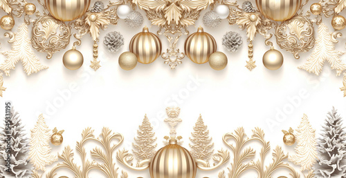 Gold Christmas holiday background. Christmas and New Year holiday horizontal frame, banner. Gold ornaments, baubles, snowflakes, pine cones . For celebration banners, poster with copy space, text 