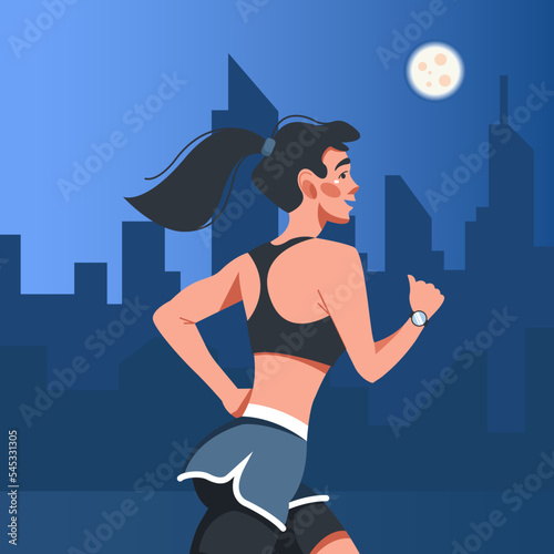Vector illustration in a flat style with a young brunette girl running against the background of a night city. Preparation for sports competitions, endurance training, marathon, running