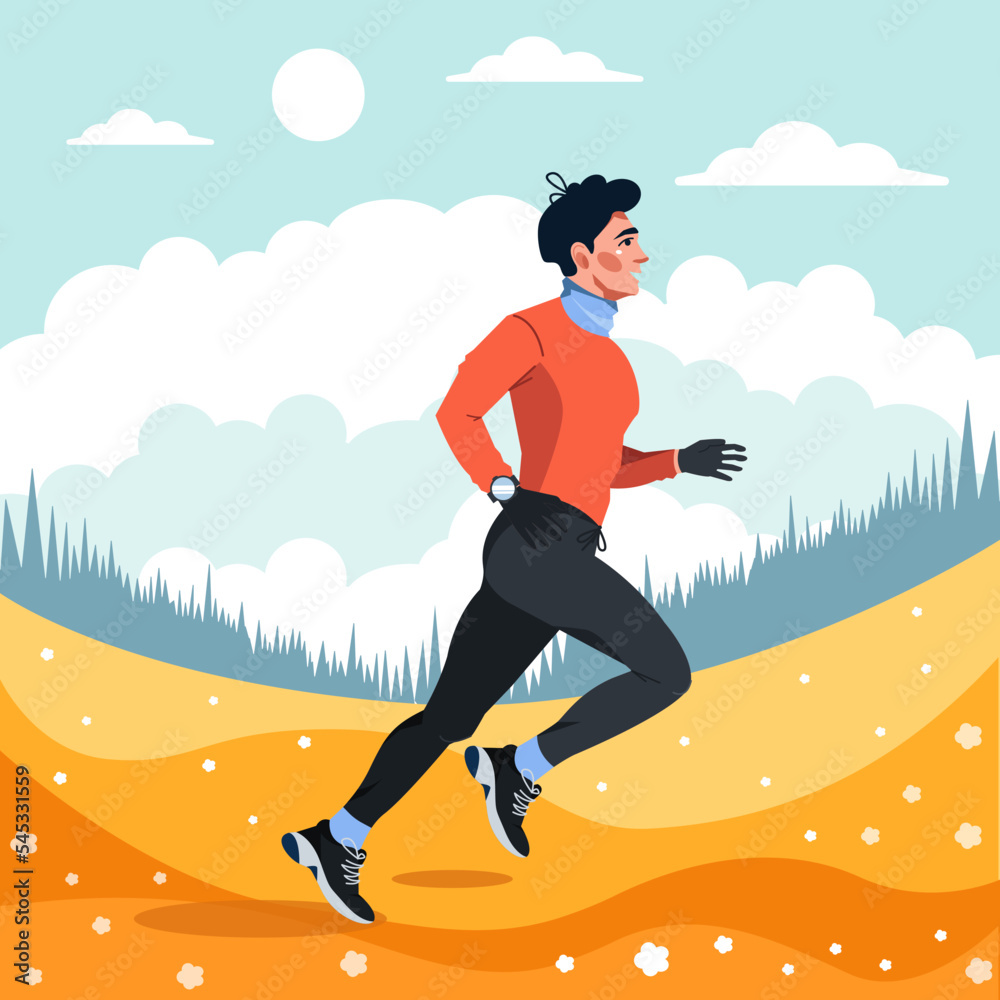 Vector illustration in a flat style with a young man running through an autumn park in the morning. Sports mode, training and preparation for sports competitions. Healthy lifestyle