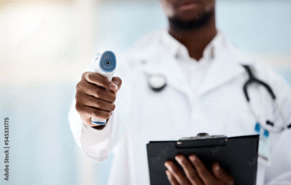 Covid, temperature and clipboard with doctor measuring fever or cold with a thermometer in a hospital. Medical healthcare, covid19 measure with a clinic professional with a patient chart Covid, temperature and clipboard with doctor measuring fever or cold with a thermometer in a hospital. Medical healthcare, covid19 measure with a clinic professional with a patient chart