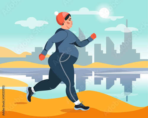 Vector illustration in a flat style with a young obese woman running through an autumn park on a cool morning. Sports regime, workouts, weight loss, running. Healthy lifestyle