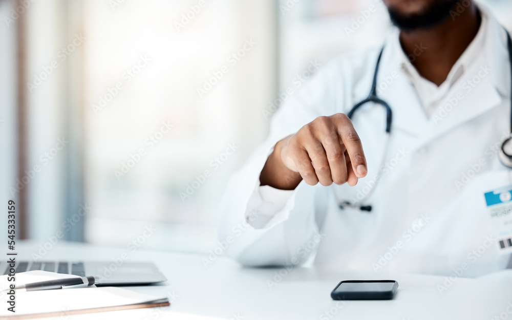 Doctor, hand and phone for medical browsing online for clinical research in a healthcare hospital. Medicine, man and gp with cellphone search and networking on social media for treatment plan