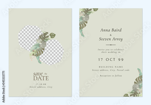 Foliage wedding invitation card template design, photo decorated with leaves bouquet on green