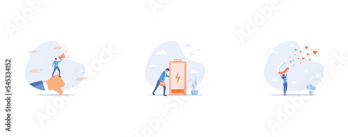 Discredit or blame other people, Exhausted and fatigue from hard work, Social media marketing, set flat vector modern illustration