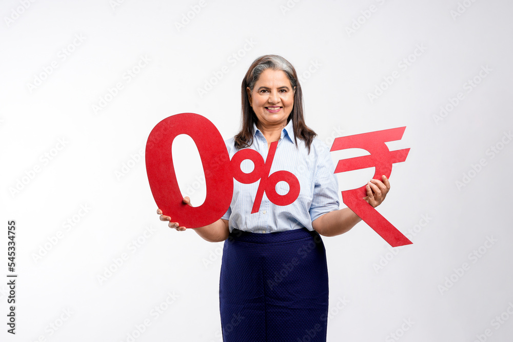 Indian businesswoman or employee showing zero percent board on white background. Indian businesswoman or employee showing zero percent board on white background.