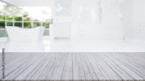 3d rendering of wood counter  table top or countertop with blur bathroom or shower room. Modern interior design in perspective view. Empty space with wooden texture pattern at surface for background. 