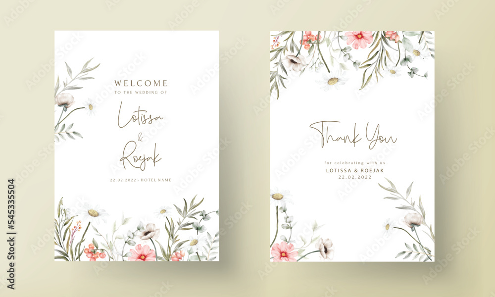 beautiful watercolor wedding invitation card with elegant flower and tiny foliage