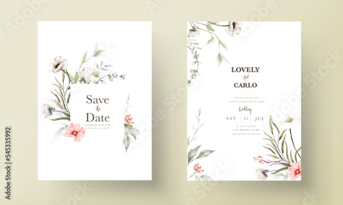 beautiful watercolor wedding invitation card with elegant flower and tiny foliage
