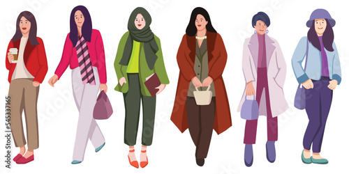Group of fashionable women standing together vector flat illustration. Stylish female characters in modern casual, hipster clothes isolated on white. Beautiful ladies in elegant outfit