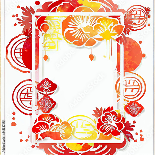 celebrate card Chinese tradition style decoration woodcut print,new year, red, green, yellow, gold, orange, lemon chiffon, orange, lantern, hibiscus, 