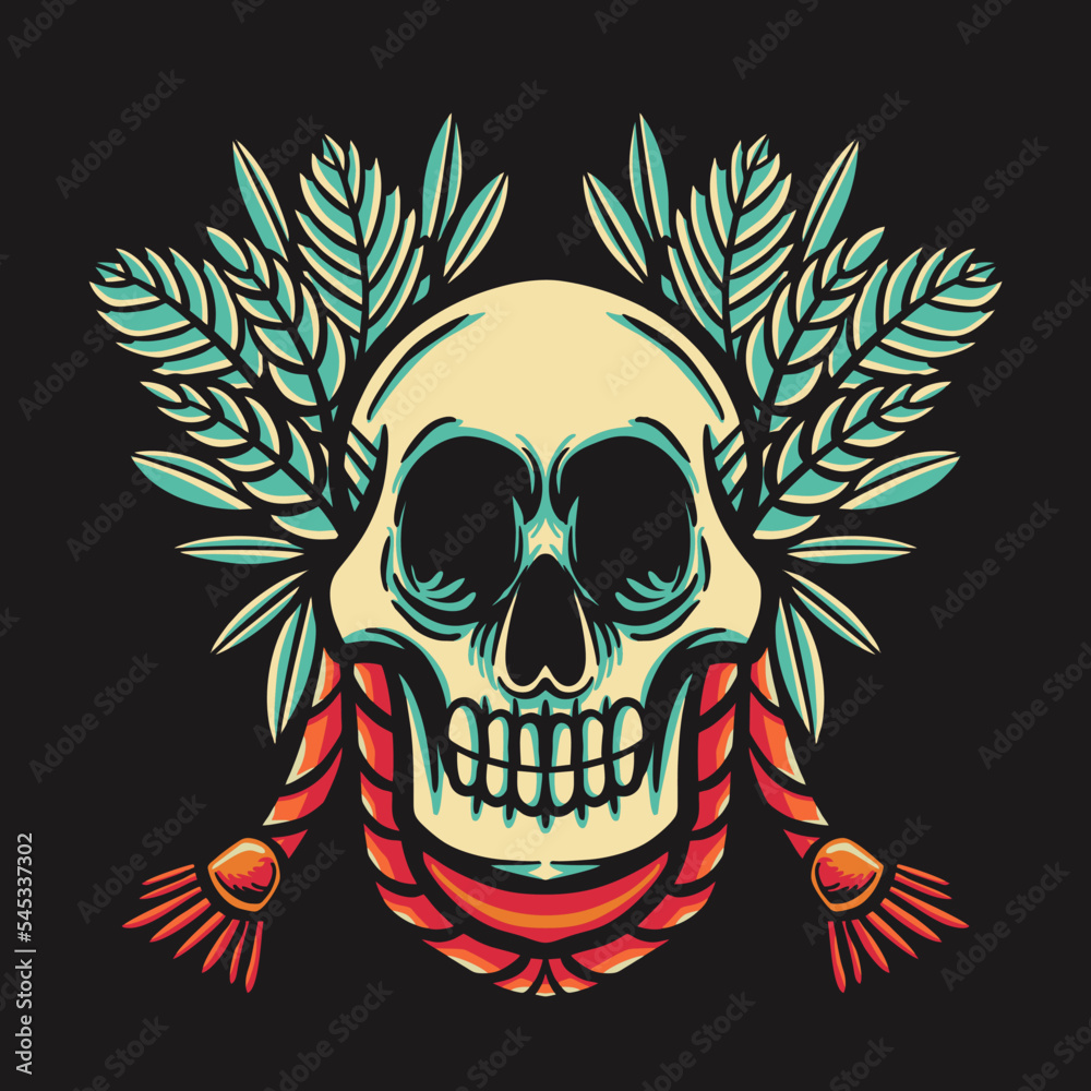 Skull and Leaf Vector Retro Illustration Skull and Leaf Vector Retro Illustration