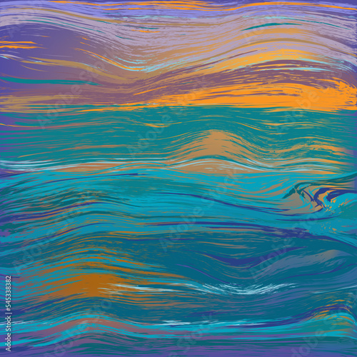 Abstract vivid sunset seascape with cloudy sky, reflections on wavy water surface