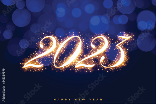 new year event banner with 2023 in golden glitter and bokeh effect