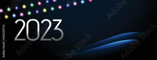 happy new year 2023 party banner with colorful light string