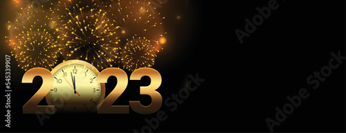 happy new year 2023 celebration banner with firework and clock
