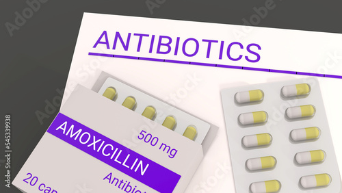 Amoxicillin antibiotic medication used to treat bacterial infections. 3d illustration. Antibiotics usage concept
