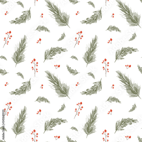 Christmas seamless pattern. Fir branches tile on white background. Design for wrapping paper, wallpaper, textile. Tablecloth winter texture, holiday pattern
