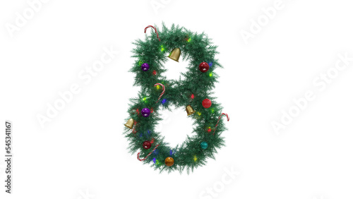 Number 8 from Christmas tree twigs with decorations on transparent background. Christmas or New Year alphabet. Numbers from Christmas tree branches with decorations. 3d illustration